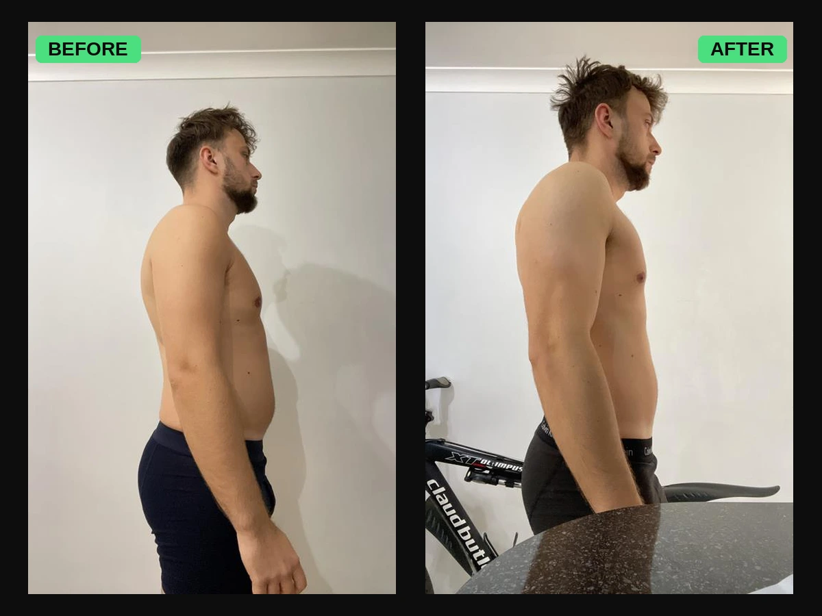 Brad's body recomposition transformation - side view before and after